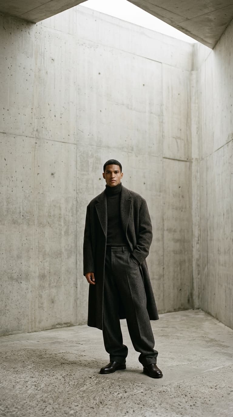 Model in an oat cashmere sweater seated on a travertine bench
