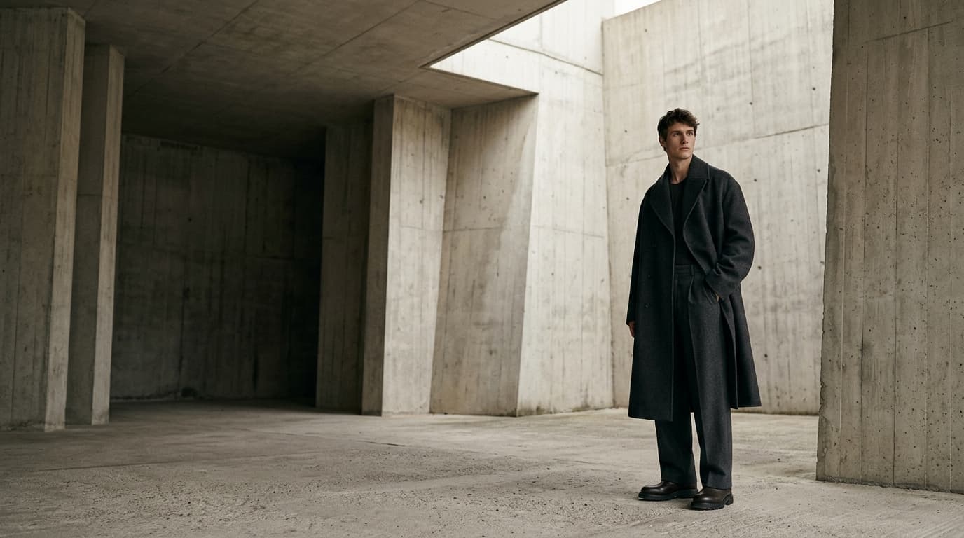 Editorial portrait of a high fashion male model wearing an oversized sculptural charcoal wool coat and minimalist pleated pants, standing in an austere brutalist concrete architectural pavilion with dramatic side lighting and crisp autumn cast shadows. Muted monochromatic tones with subtle burnt orange accent.